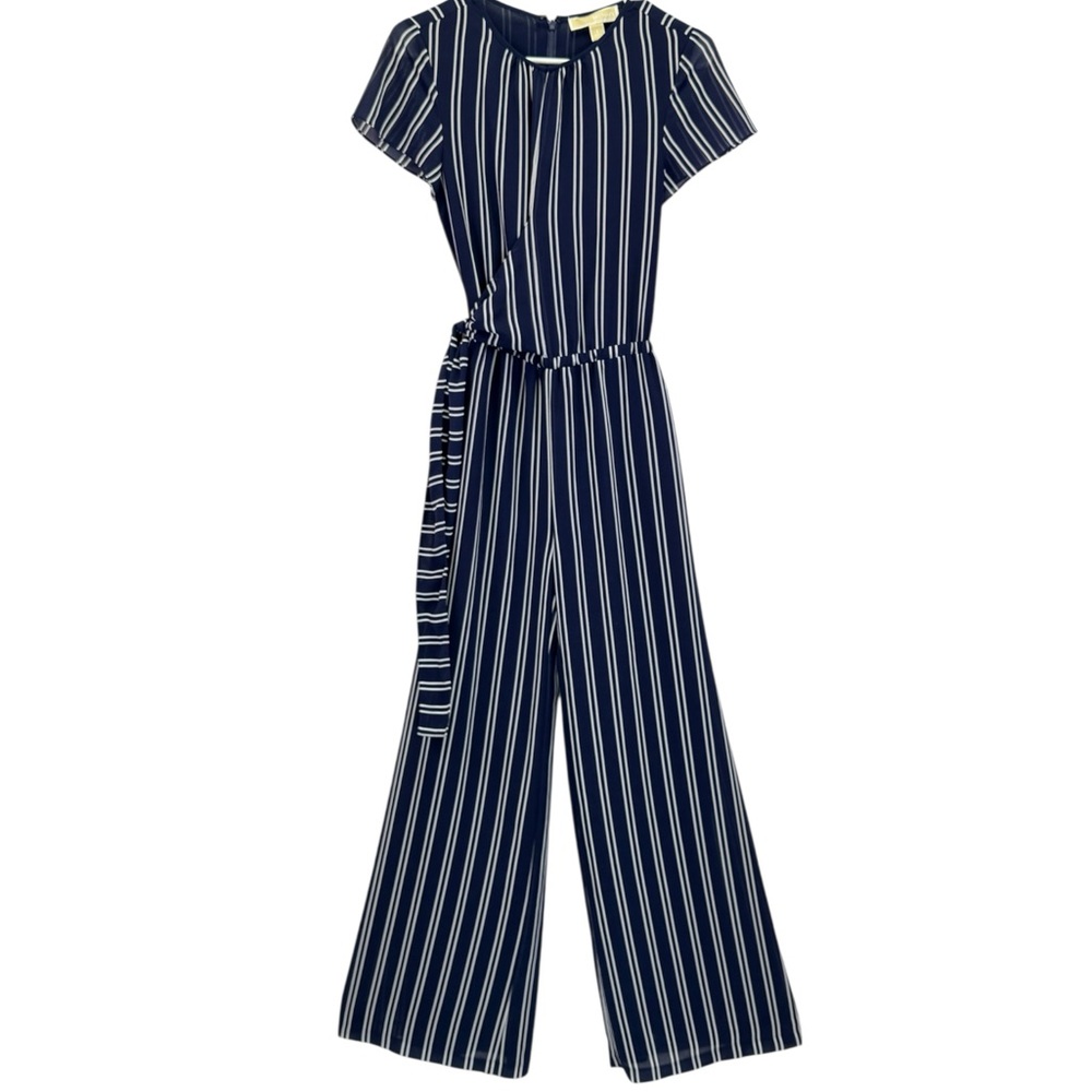 Michael Kors Women's Navy White Striped Waist Wrap Wide Leg Jumpsuit Size 2